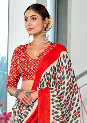 orange soft cotton block print saree with unstitched blouse piece 4