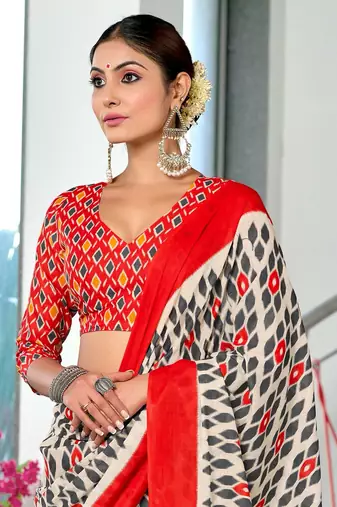 orange soft cotton block print saree with unstitched blouse piece