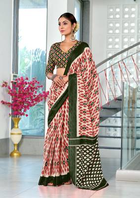 Red soft cotton block print saree with unstitched blouse piece 1