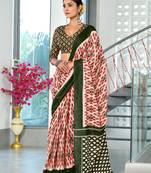 Red soft cotton block print saree with unstitched blouse piece