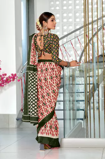 Red soft cotton block print saree with unstitched blouse piece