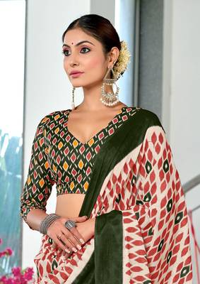Red soft cotton block print saree with unstitched blouse piece 4