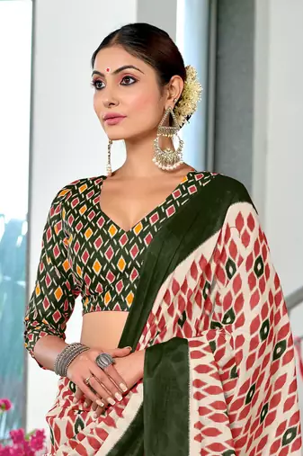 Red soft cotton block print saree with unstitched blouse piece