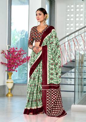 Green soft cotton block print saree with unstitched blouse piece 1