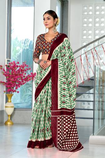 Green soft cotton block print saree with unstitched blouse piece