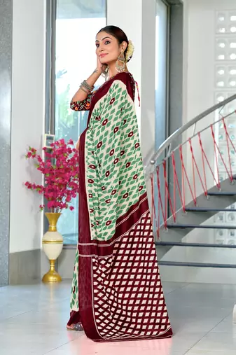Green soft cotton block print saree with unstitched blouse piece