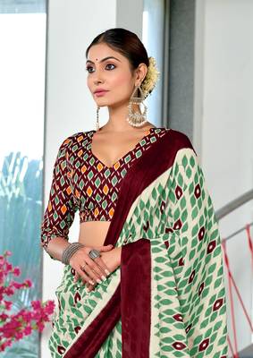 Green soft cotton block print saree with unstitched blouse piece 3