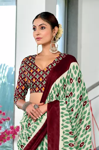 Green soft cotton block print saree with unstitched blouse piece