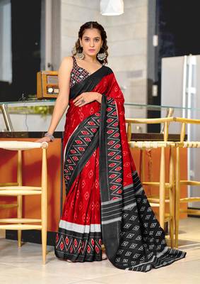 Red soft cotton block print saree with unstitched blouse piece 1