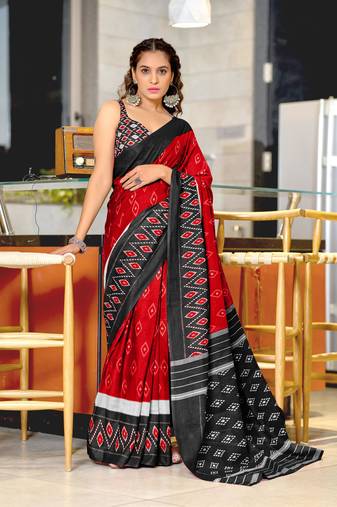 Red soft cotton block print saree with unstitched blouse piece