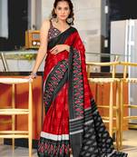Red soft cotton block print saree with unstitched blouse piece