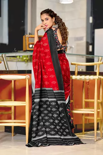 Red soft cotton block print saree with unstitched blouse piece