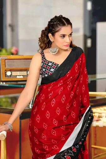 Red soft cotton block print saree with unstitched blouse piece
