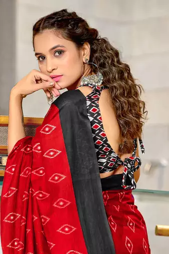 Red soft cotton block print saree with unstitched blouse piece