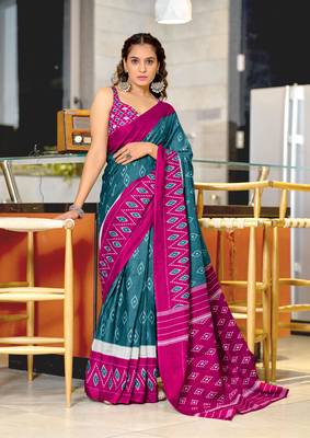 Blue soft cotton block print saree with unstitched blouse piece 1