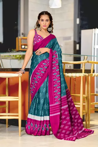 Blue soft cotton block print saree with unstitched blouse piece