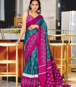 Blue soft cotton block print saree with unstitched blouse piece
