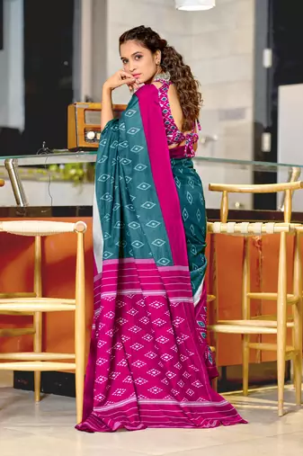 Blue soft cotton block print saree with unstitched blouse piece