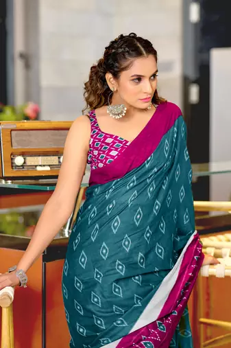 Blue soft cotton block print saree with unstitched blouse piece