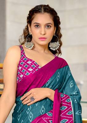 Blue soft cotton block print saree with unstitched blouse piece 4