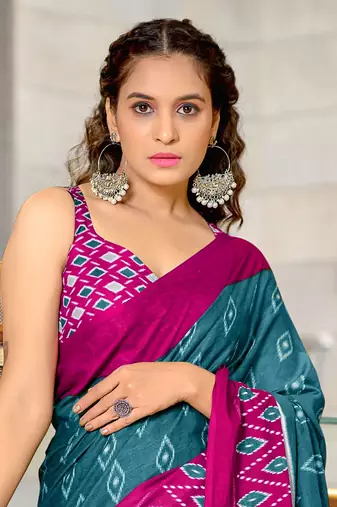 Blue soft cotton block print saree with unstitched blouse piece