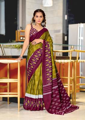 Olive soft cotton block print saree with unstitched blouse piece 1
