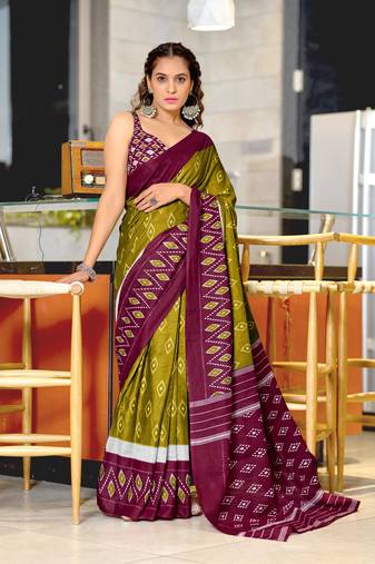 Olive soft cotton block print saree with unstitched blouse piece