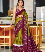 Olive soft cotton block print saree with unstitched blouse piece
