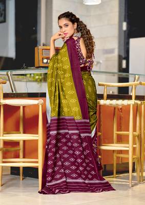 Olive soft cotton block print saree with unstitched blouse piece 2