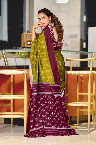 Olive soft cotton block print saree with unstitched blouse piece