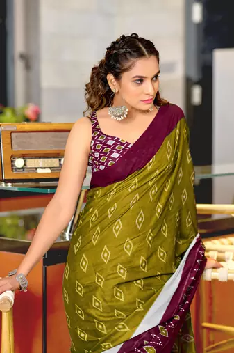 Olive soft cotton block print saree with unstitched blouse piece