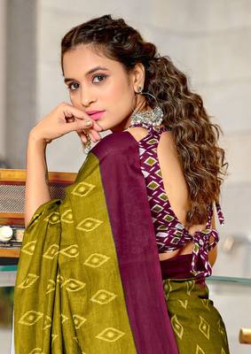 Olive soft cotton block print saree with unstitched blouse piece 4
