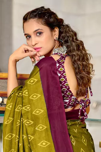 Olive soft cotton block print saree with unstitched blouse piece