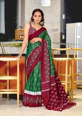 Green soft cotton block print saree with unstitched blouse piece 1