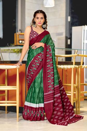 Green soft cotton block print saree with unstitched blouse piece