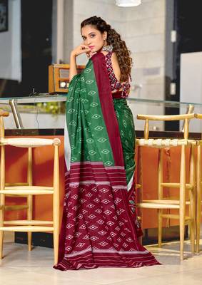 Green soft cotton block print saree with unstitched blouse piece 2
