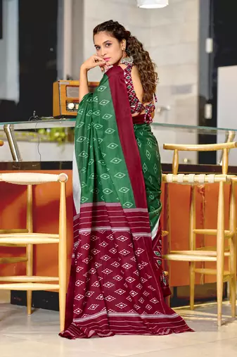 Green soft cotton block print saree with unstitched blouse piece