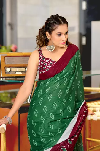 Green soft cotton block print saree with unstitched blouse piece
