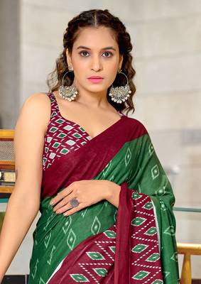 Green soft cotton block print saree with unstitched blouse piece 4
