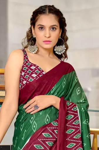 Green soft cotton block print saree with unstitched blouse piece