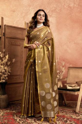 Brown polka weave tissue silk saree with all over weave blouse
