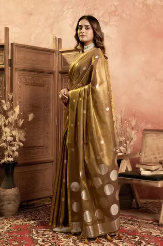 Brown polka weave tissue silk saree with all over weave blouse