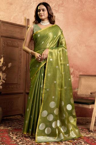 Mehndi polka weave tissue silk saree with all over weave blouse