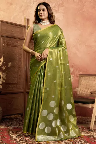 Mehndi polka weave tissue silk saree with all over weave blouse