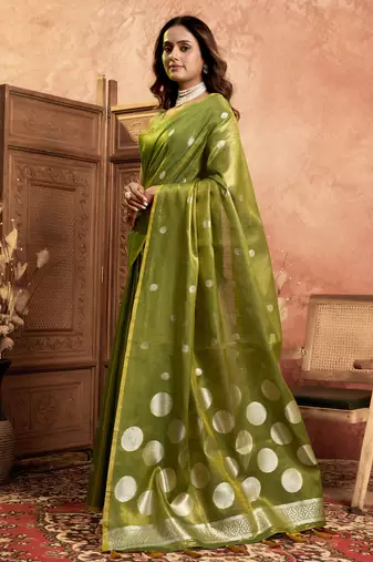 Mehndi polka weave tissue silk saree with all over weave blouse