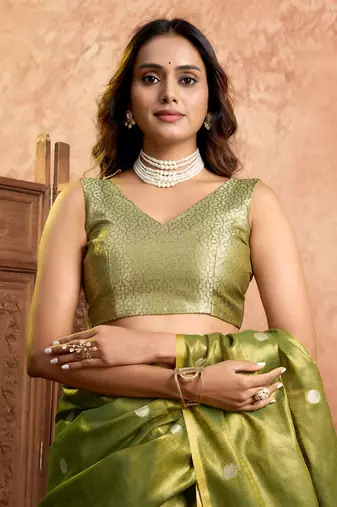 Mehndi polka weave tissue silk saree with all over weave blouse