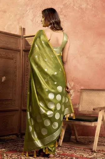 Mehndi polka weave tissue silk saree with all over weave blouse
