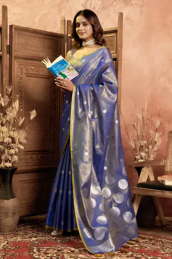 blue polka weave tissue silk saree with all over weave blouse