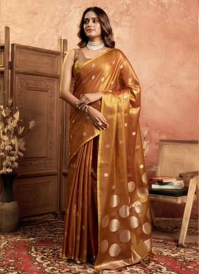 Mustard polka weave tissuse silk saree with all over weave blouse 1