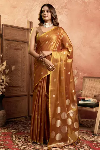 Mustard polka weave tissuse silk saree with all over weave blouse